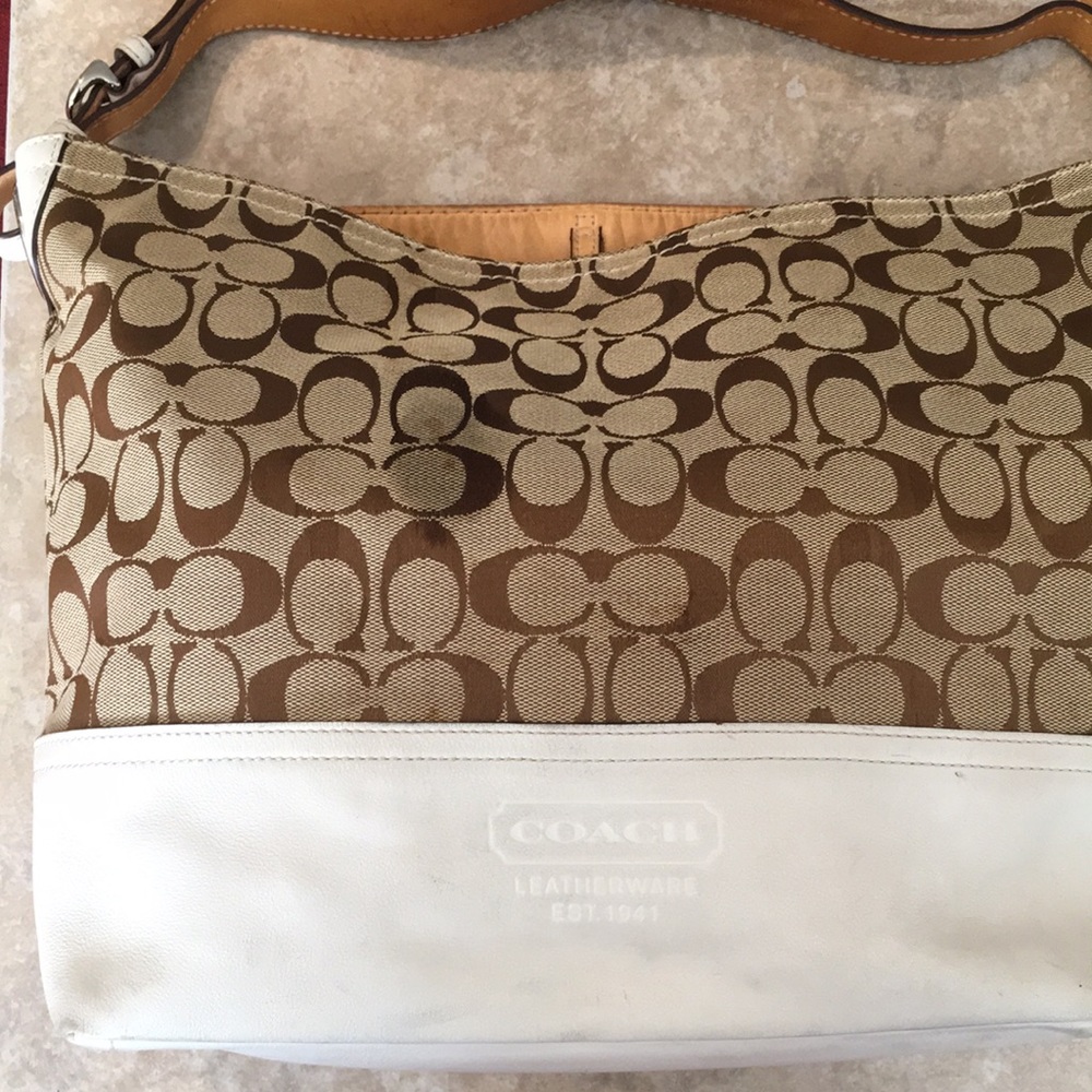 Coach Signature Slouchy Tote Signature Logo Canvas & Leather Khaki Bag purse